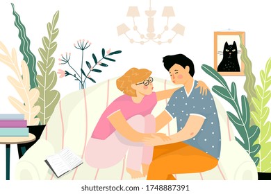 Cozy home interior background with two young people hugging and kissing sitting on the couch at home. Teenagers first kiss or love, romantic relationship. Vector hand drawn illustration.