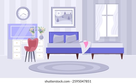 Cozy home interior. Bedroom. Bed with a vanity table and chair, clock, window, painting, vase with flowers.  

Vector illustration in a flat style

