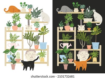 Cozy home interior design concept. Shelfs, plants in pots, cats. Different potted plants, various cats, poster design. Cozy illustration for prints, cards, graphic design, media. Scandinavian.