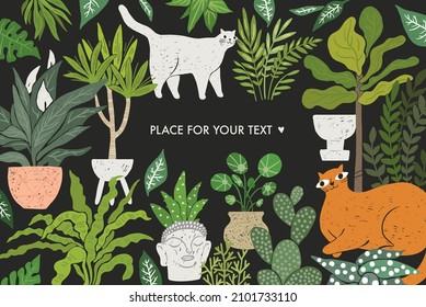 Cozy home interior design concept. Plants in pots, cats. Different potted plants, various cats, place for text. Frame, illustration for prints, cards, graphic design, media. Scandinavian urban jungle.