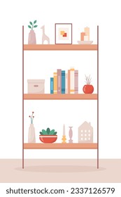 Cozy home interior design concept. Shelf with interior objects. Vector illustration in flat style