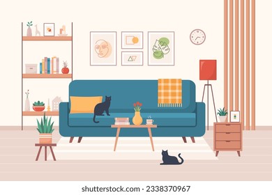 Cozy home interior design concept. Living room interior. Vector illustration in flat style