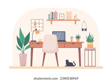 El concepto de diseño interior hogareño es acogedor. Interior en el lugar de trabajo. Ilustración vectorial en estilo plano