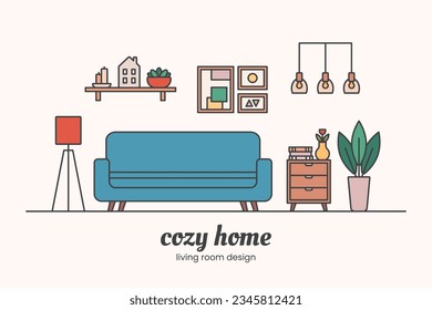 El concepto de diseño interior hogareño es acogedor. El interior de la sala de estar. Ilustración de línea de vector