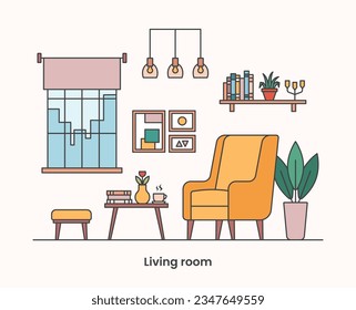 Cozy home interior design concept. Living room interior. Vector line illustration