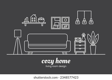 Cozy home interior design concept. Living room interior. Vector line illustration on dark background