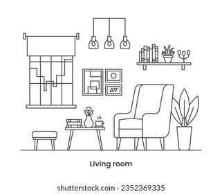 Cozy home interior design concept. Living room interior. Vector line illustration on white background