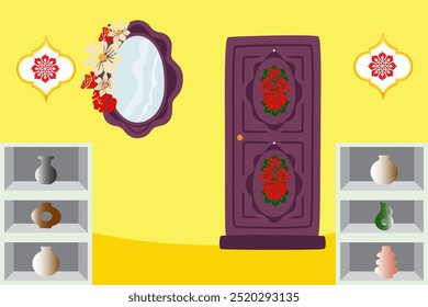 Cozy home interior design concept featuring a living room with a mirror and a vase set. Vector illustration in flat style
