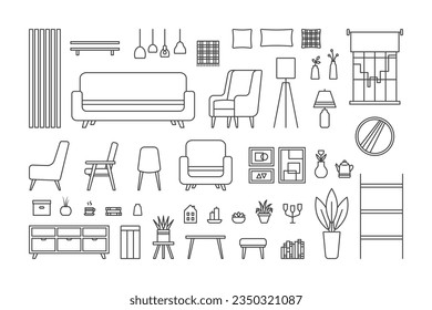 Cozy home interior design, icons set. Living room interior. Vector line illustration on white background