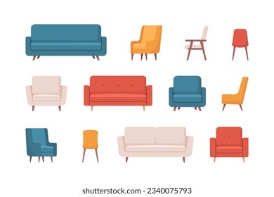 Cozy home interior design objects set. Interior furniture. Sofa, armchair, chair. Vector illustration in flat style