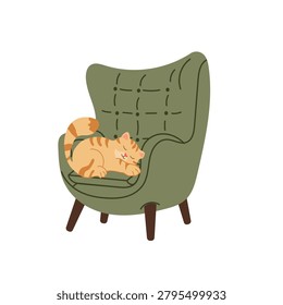 Cozy home interior element featuring a  ginger tabby cat sleeping peacefully on a green  armchair. Hygge autumn or winter relaxation concept. Vector illustration isolated on white.