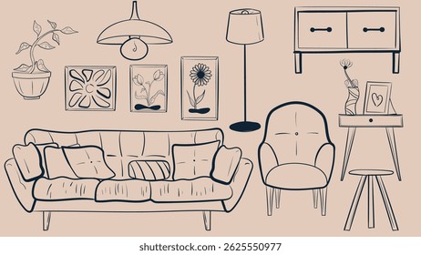Cozy home Interior elements for the living room. Hand drawn doodle style set. Cartoon style vector illustration.