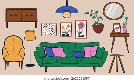 Casa acolhedora Elementos interiores para a sala de estar. Conjunto de estilos de rabiscar desenhado à mão. Ilustração de vetor de estilo de desenho animado.