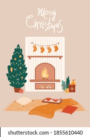 Cozy home interior with fireplace, Christmas tree, decorative garland with socks, gift boxes. Warm evening, blanket, pillows, tray with hot drinks. Greeting New Year card with lettering.