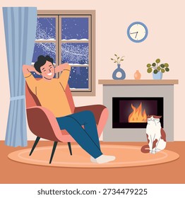 Interior Da Casa Acolhedor com Lareira No Inverno, Homem Relaxado Aquecendo-Se Dentro Enquanto Tempestade de Neve Fora, Sala de Estar Quente e Confortável. Ilustração de desenho animado plano vetorial