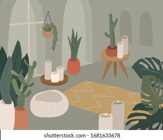 Cozy home interior with homeplants. Quiet place for yoga and relaxation. Fashion illustration by femininity, beauty and mental health. Vector cartoon illustration