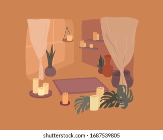 Cozy home interior with homeplants. Quiet place for yoga and relaxation. Fashion illustration by femininity, beauty and mental health. Vector cartoon illustration