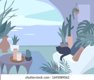 Cozy home interior with homeplants. Quiet place for yoga and relaxation. Fashion illustration by femininity, beauty and mental health. Vector cartoon illustration