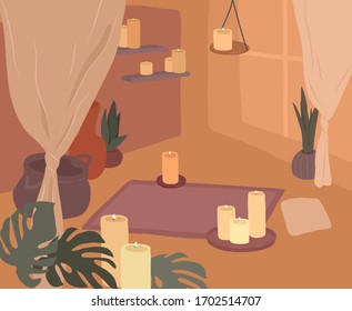 Cozy home interior with homeplants. Quiet place for yoga and relaxation. Fashion illustration by femininity, beauty and mental health. Vector cartoon illustration