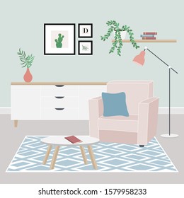 Cozy home interior with house plants, coffee table, chest of drawers, comfort armchair and home decorations. Comfortable interior in decorated in Scandinavian style. Flat vector illustration.