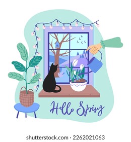 Cozy home interior with houseplants.  Spring window with view,  cat sitting on the sill. Flat style hand drawn vector illustration. 