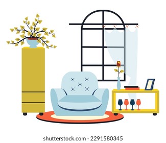 Cozy home interior. Modern living room. House furniture. Armchair, house plants, coffee tables, house plant, window. Trendy indoor template. Vector flat cartoon illustration