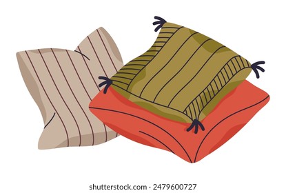 Gemütliche Kissen für den Innenbereich. Textilkissen Pile, Feder Sofa Kissen Stapel, weiche Kissen flache Vektorillustration. Handgezogene Kissen