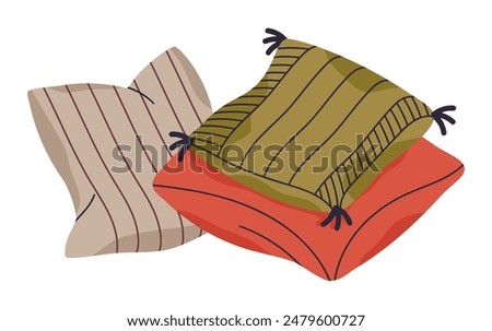 Cozy home interior pillows. Textile pillows pile, feather sofa cushions stack, soft pillows flat vector illustration. Hand drawn pillows
