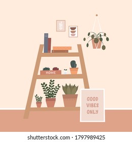 Cozy home interior scene. Bookshelf  and house plants. Home sweet home. Vector illustration.