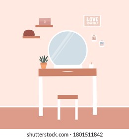 Cozy home interior scene. Dressing table. Home sweet home. Vector illustration.