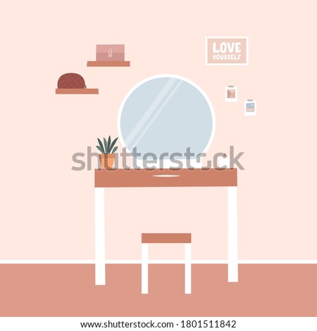 Cozy home interior scene. Dressing table. Home sweet home. Vector illustration.