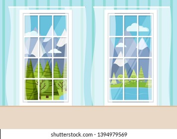 Cozy home interior scene with two closed white plastic pvc panoramic windows in living room with summer day mountain and lake landscape in cartoon style. Vector backdrop illustration. Flat design.
