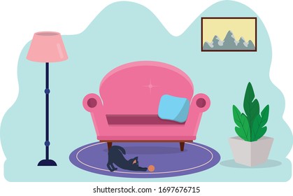 Gemütliche Inneneinrichtung. Sofa, Bodenlampe, Teppich auf dem Boden, ein Bild an der Wand, ein Kätzchen spielt mit einem Ball.