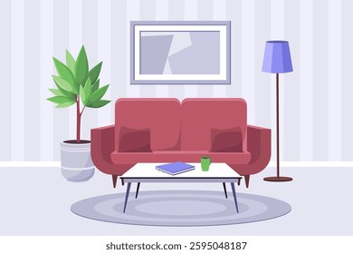 Cozy home interior. Sofa, paintings, lamp, plant, carpet, and coffee table. Vector illustration in a flat style