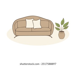 Cozy home interior with sofa with pillows and an indoor flower in pot, flat design in pastel colors. Hand drawn outline drawing. Vector illustration