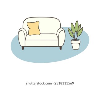 Cozy home interior with sofa with yellow pillows and an indoor flower in pot, flat design in pastel colors. Hand drawn outline drawing. Vector illustration