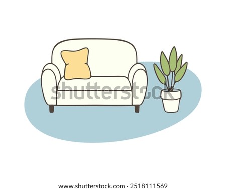 Cozy home interior with sofa with yellow pillows and an indoor flower in pot, flat design in pastel colors. Hand drawn outline drawing. Vector illustration