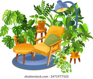 Acogedora jungla casera con sillón: Ilustración vectorial, hobby ecológico y concepto de salud mental. Vector hecho a mano, no AI