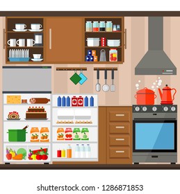 Cozy home kitchen with cabinets, stove, refrigerator and utensils. Vector illustration in flat style.