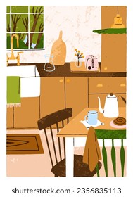 Cozy home kitchen interior card. Cosy comfortable furniture in dining room with tea mug on table, chairs, sink, summer in window. Hygge Scandinavian house, apartment design. Flat vector illustration