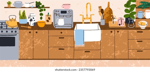 Cozy home kitchen interior panorama. Wood cupboards, furniture, cooker with kettle, sink and towel, cooking appliances. Wooden dining cabinets, coffee machine, utensils. Flat vector illustration