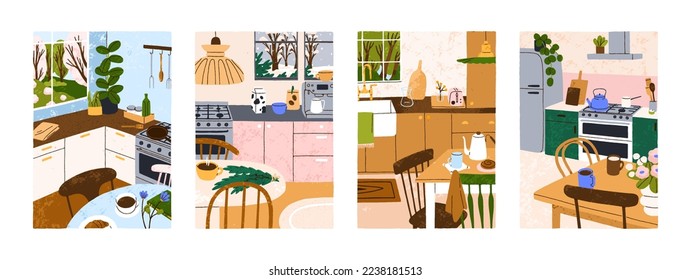 Acogedor interior de cocina casera. Comedores modernos y confortables con mesa, silla, muebles de madera, estufa, ventana, tazas de café, comida, flores, detalles acogedores y de moda. Ilustraciones vectoriales planas