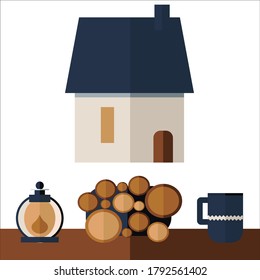 Cozy home with lantern, wood pile and a mug on a table on white background.Vector illustration in flat style. Template for logotype, infographics, social media post, presentation.  EPS 10