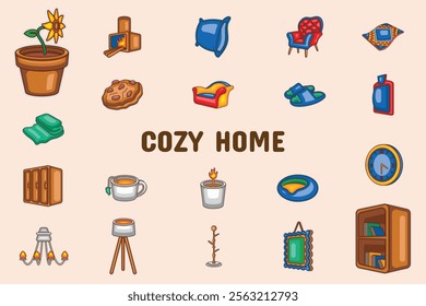 Cozy Home Lineal Color Vector Illustration Icon Sticker Set Design Materials