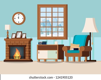 Cozy home living room interior background with fireplace, lamps, armchair, pillows,wall clock, books, cup, rack, window with winter landscape in cartoon flat style. Vector illustration.