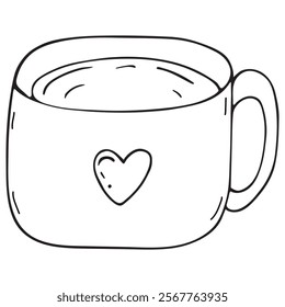 cozy home mug with a heart with a drink, coffee or cocoa, vector black and white doodle element, coloring book, cute design element