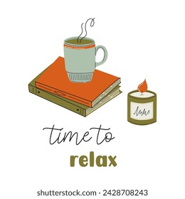 Cozy home objects, interior decorations. Concept of hygge lifestyle. Books pile, cup of hot drink, aroma candle. Relaxation at home. Hand drawn retro style vector illustration. Flat design.