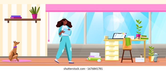 Cozy home office concept with female character, Italian greyhound, table, chair, plants, shelf, papers, panoramic window, laptop. Freelance European young girl working remotely with her pet. 