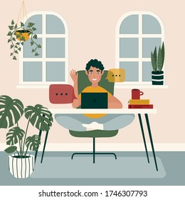 Ilustración vectorial de concepto de oficina doméstica cómoda. Hombre sentado en la silla de la mesa con ropa cómoda de casa. Reunión o conversación en línea, llamada virtual. Estudiar o trabajar desde casa.