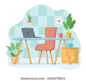 Cozy Home Office Desk With Laptop and Plants in a Modern Setting During Daytime. Flat style vector illustration.